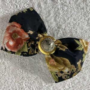 Vintage Handmade Black Floral Hair Bow Clip W Gold & Silver Tone Button Centre